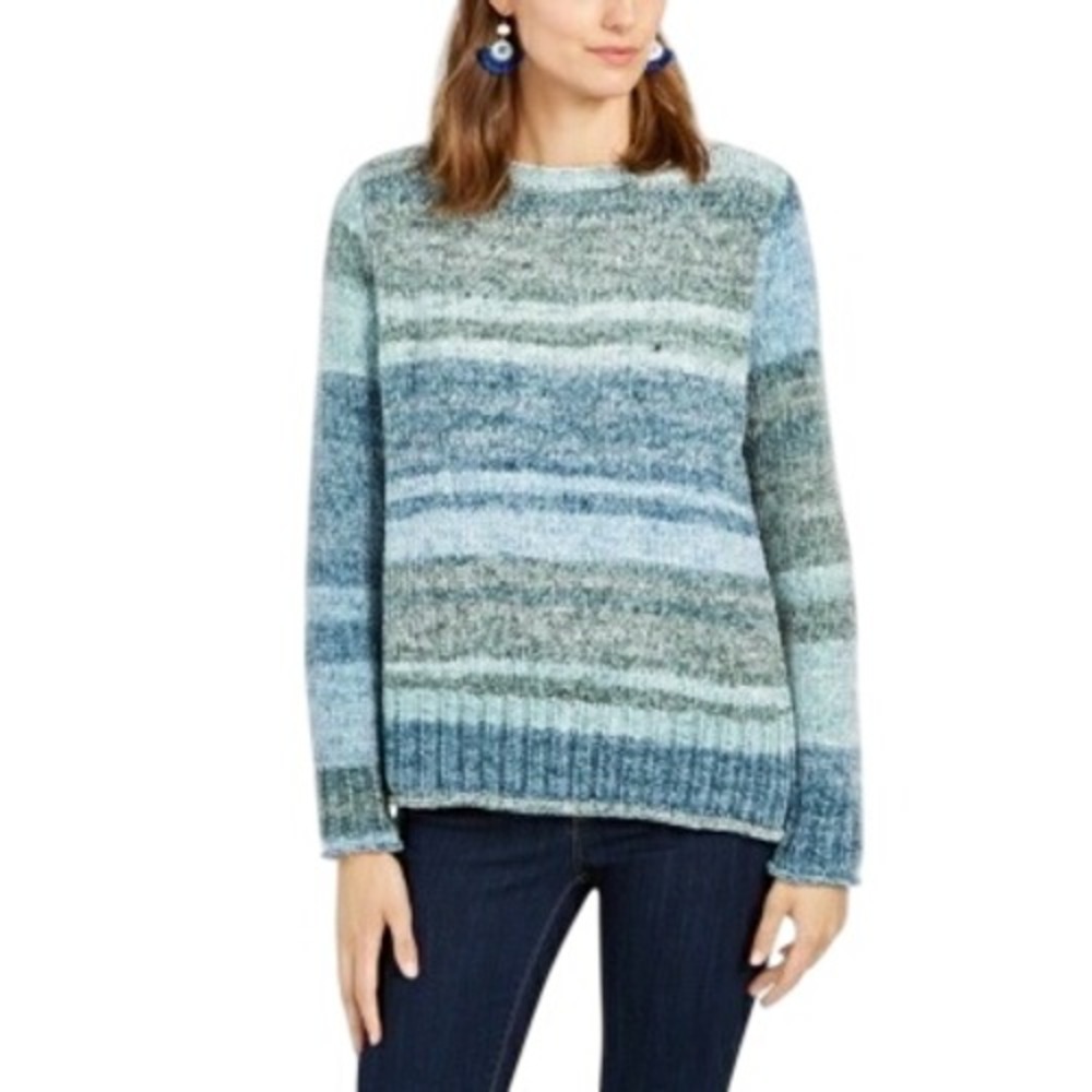471. STYLE & COMPANY Womens Green Striped Long Sleeve Sweater Petites Size: PS